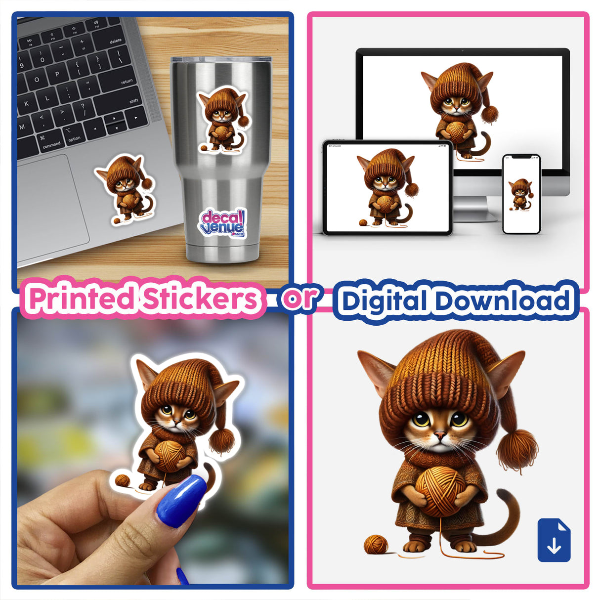 Abyssinian Cat Gnome holding ball of yarn, featured in a collage with stickers and digital art, ideal for crafting projects and DIY art from Decal Venue.