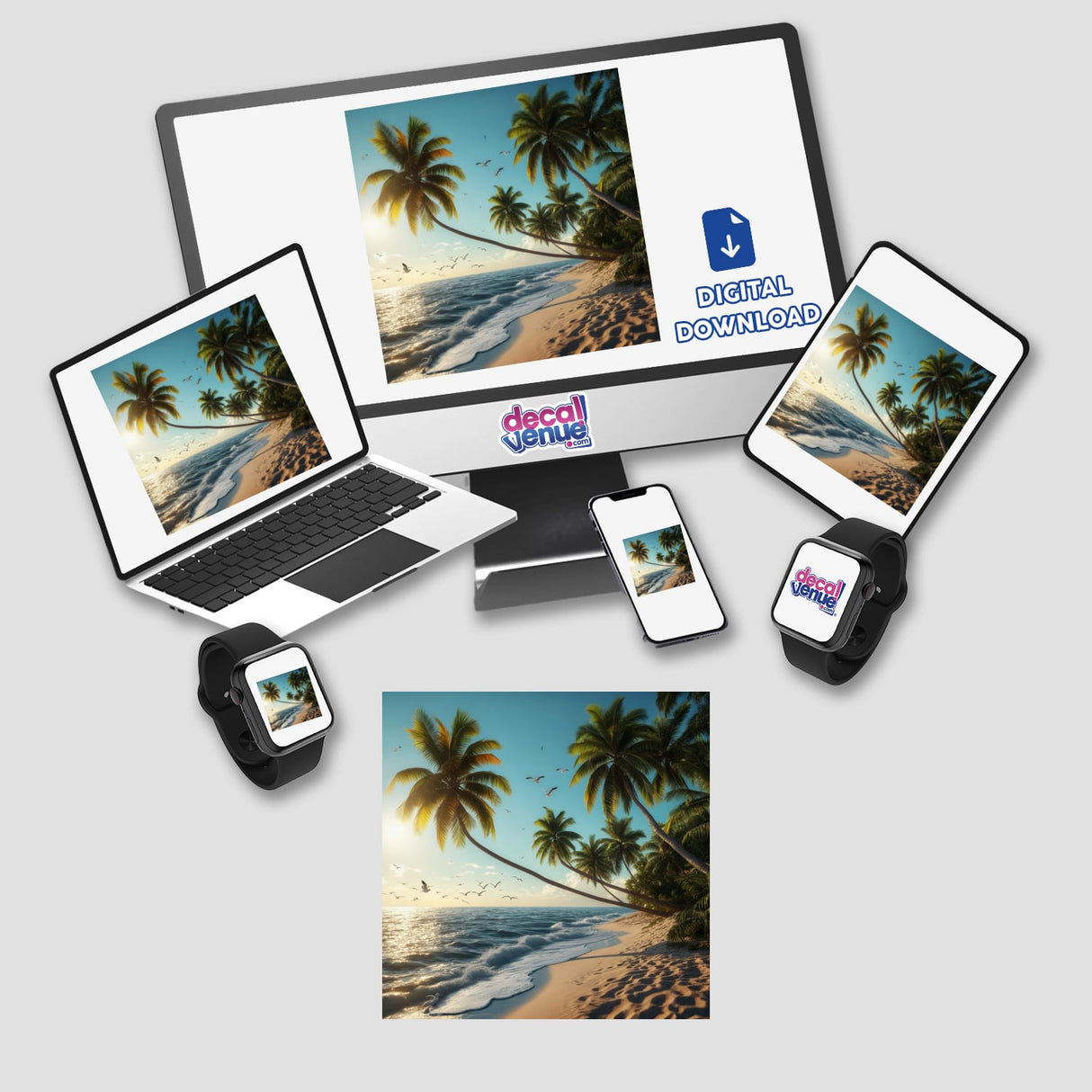 Golden Coast Seagulls Over Tropical Beach digital artwork depicted on a laptop screen, showcasing a serene beach scene with palm trees and flying birds, available as stickers or digital art.