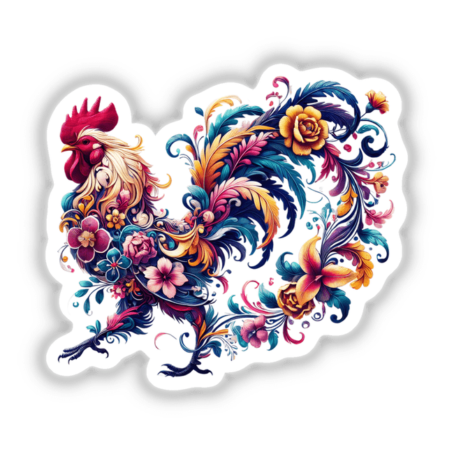 Floral Rooster illustration featuring a vibrant rooster surrounded by flowers, available as stickers or digital artwork.