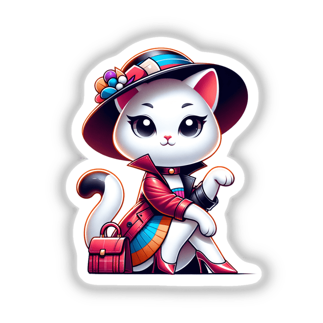 Trendy Cat: Cartoon cat in a hat and coat, available as stickers or digital artwork.
