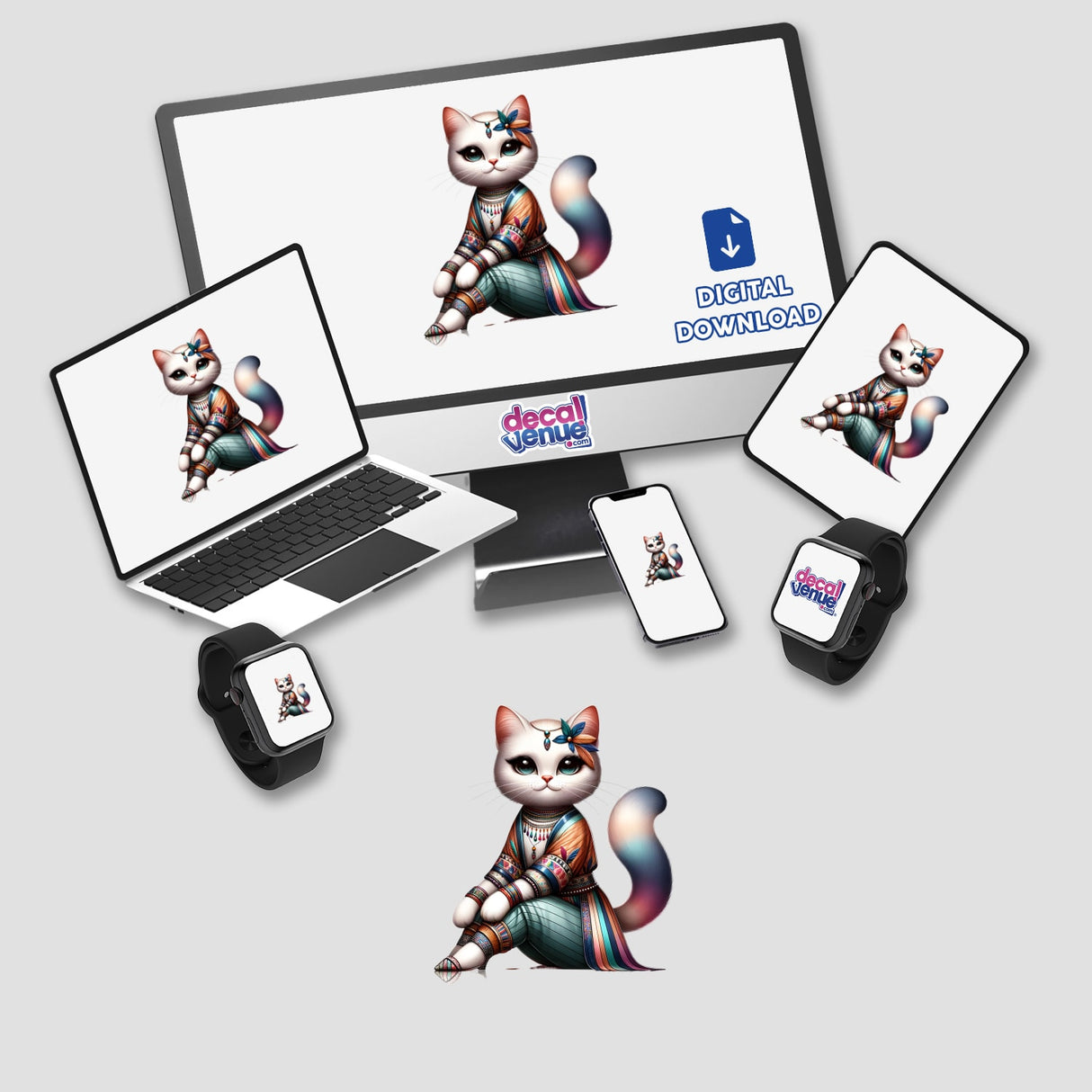 Fashionable Cat digital artwork displayed on various devices, including a laptop, monitor, tablet, smartphone, and smartwatch. Available as stickers or digital artwork from Decal Venue.