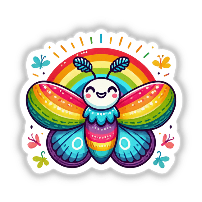 Colorful Rainbow Moth cartoon with vibrant wings, available as stickers or digital artwork.
