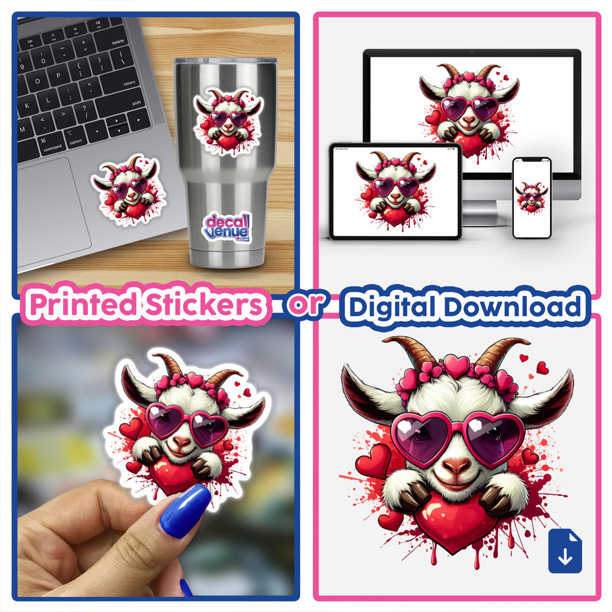 Peeking Goat Heart Splash: A collage showcasing a cartoon goat in heart-shaped sunglasses, available as stickers or digital downloads, perfect for adding charm to laptops and phones.