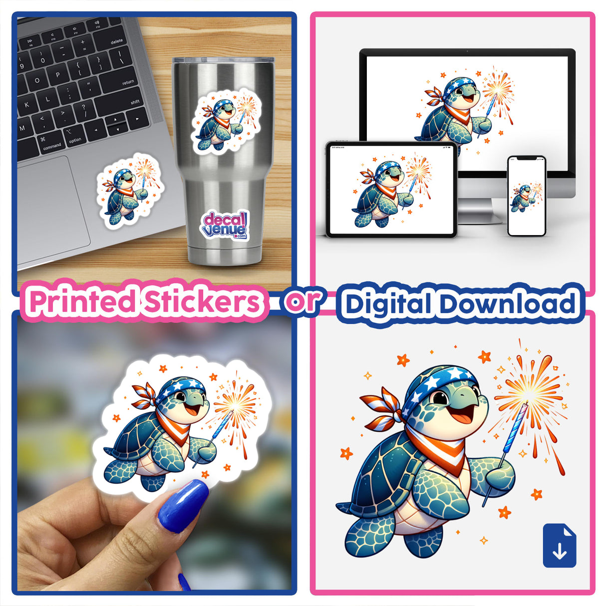 Patriotic Sea Turtle Wearing Bandana Holding Sparkler