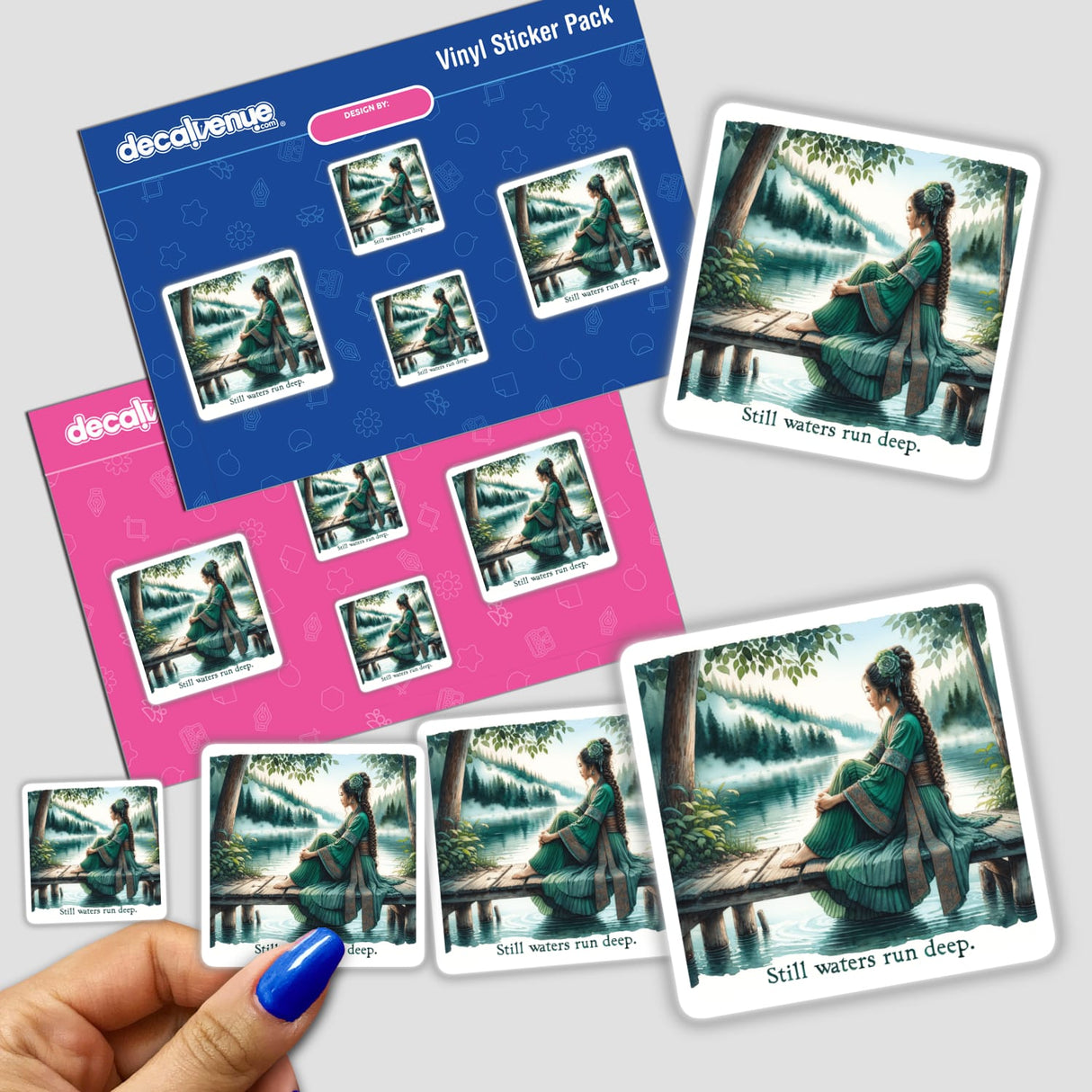 Sticker titled Woman on a Wooden Pier by a Lake – Still waters run deep, featuring a woman seated on a dock, capturing serene reflections. Available as both stickers and digital artwork.