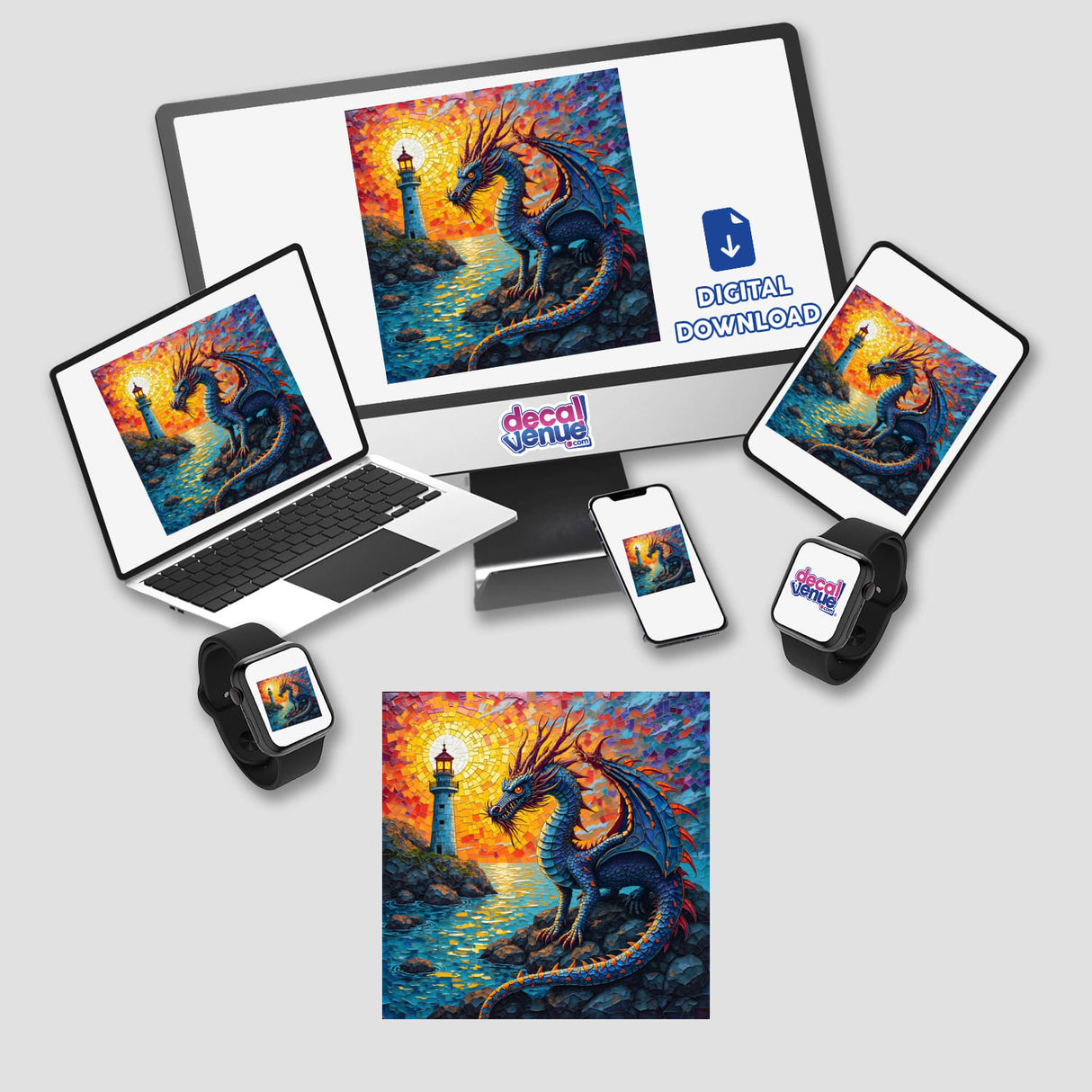 Mystical Dragon Blended with Lighthouse in Glass Mosaic Design displayed on a computer monitor and laptop screen, available as stickers or digital artwork from Decal Venue.