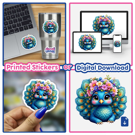 Vibrant Peacock with a Spring Flower Crown: A digital artwork collage featuring cartoon peacocks adorned with colorful flower crowns, perfect for stickers and creative projects from Decal Venue.