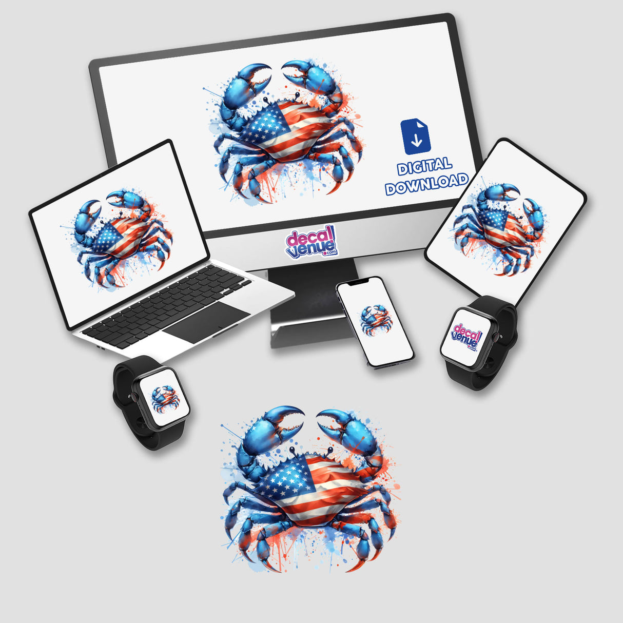 American Flag Blue Crab Watercolor Splatter displayed on computer monitor and laptop screens, showcasing vibrant digital artwork available as stickers or digital prints.