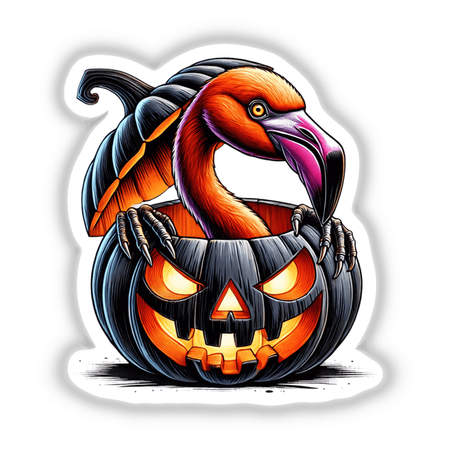 Bright and colorful digital artwork of a vibrant flamingo peeking out from a carved Halloween pumpkin, creating a whimsical and unique Halloween decoration.