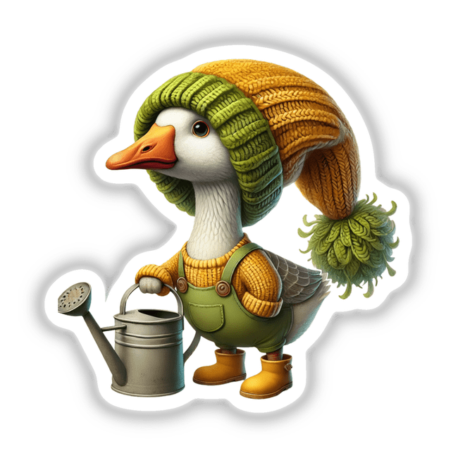 Goose Gnome with Watering Can: Cartoon duck holding a watering can, available as stickers or digital artwork.