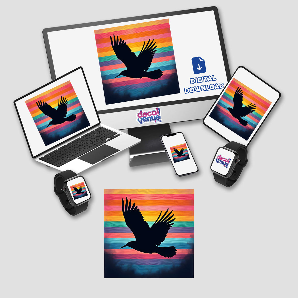 Bird in Flight Silhouette with Vibrant Stripes shown on a laptop screen, available as stickers or digital artwork from Decal Venue.