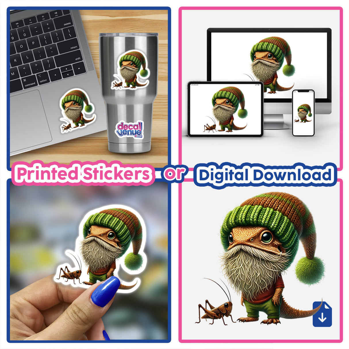 Collage featuring Bearded Dragon with Cricket stickers and digital artwork, showcasing various cartoon lizards in hats, including close-ups on stickers, a computer keyboard, and a painting process.