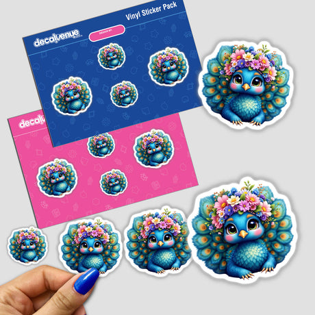 Vibrant Peacock with a Spring Flower Crown stickers featuring cartoon peacocks adorned with floral crowns, ideal for creative decoration from Decal Venue.