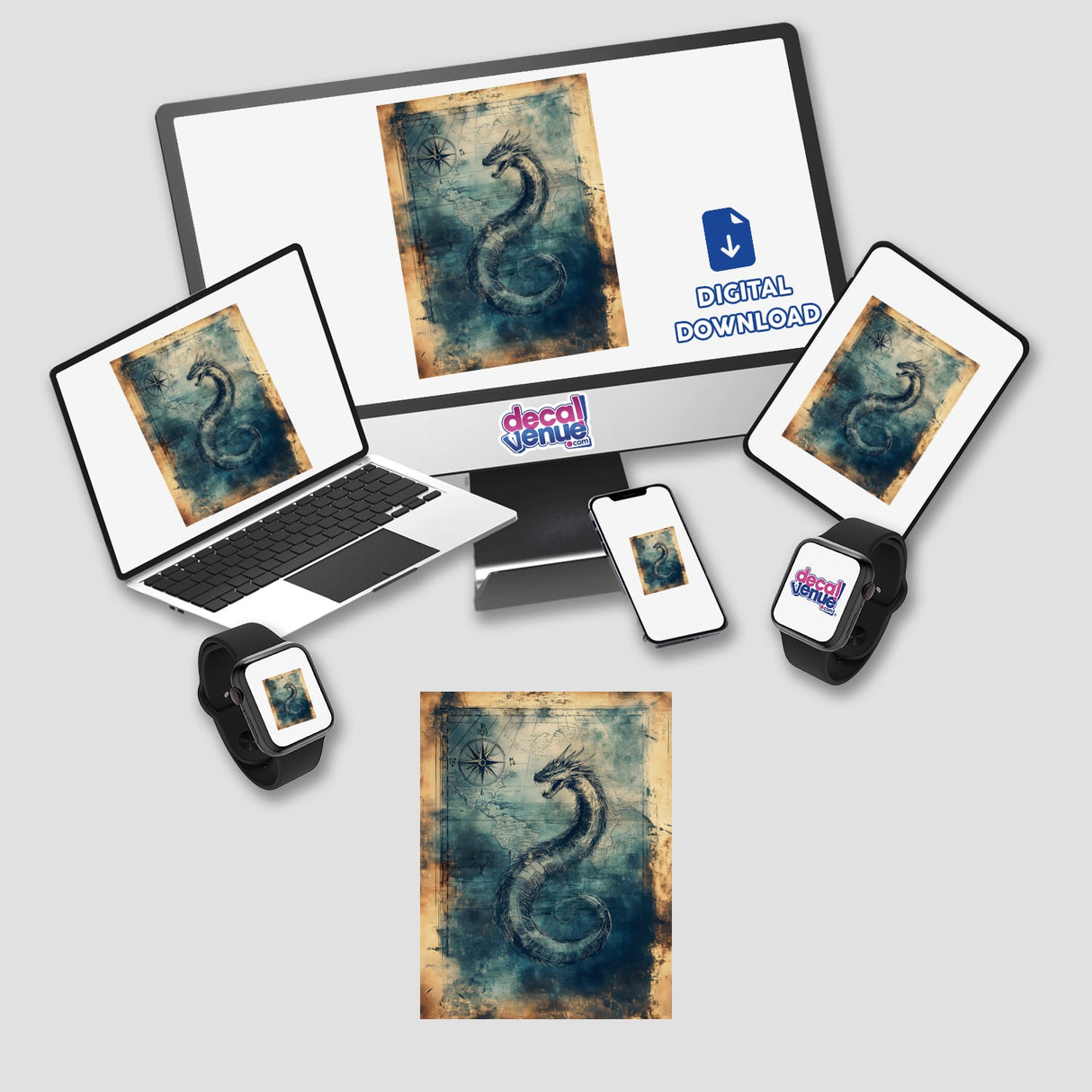 Computer monitor and laptop displaying 'Sea Serpent Balloon on Vintage World Map,' available as stickers or digital artwork.