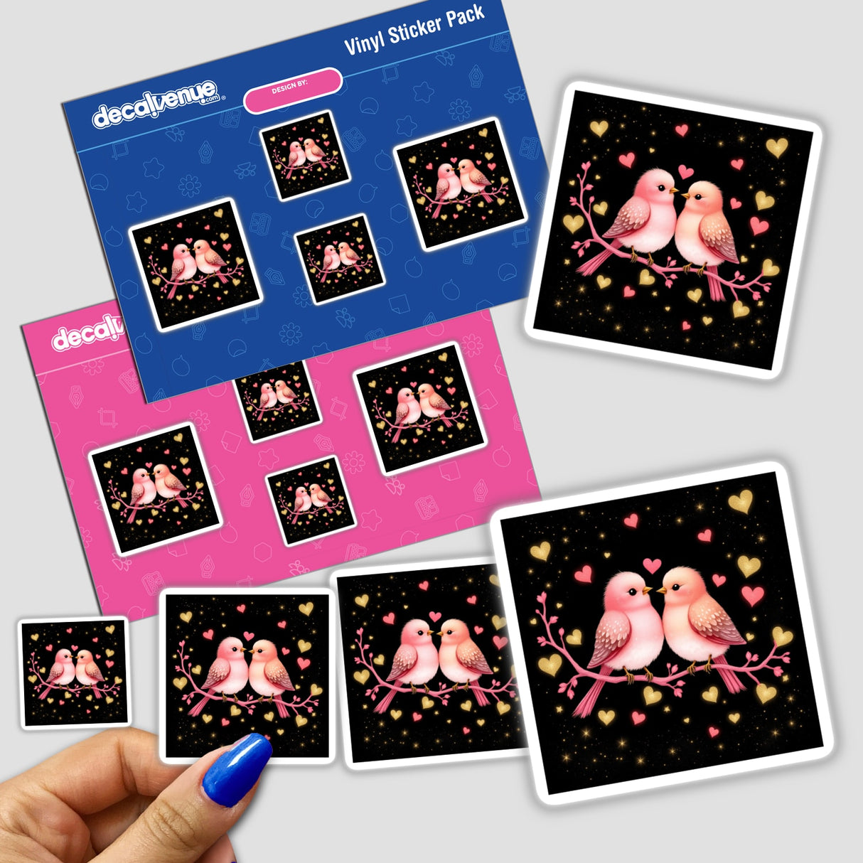 Lovebirds on a Pink Branch with Gold Hearts sticker pack featuring two birds on a branch, ideal for decorating personal items or as digital artwork from Decal Venue.