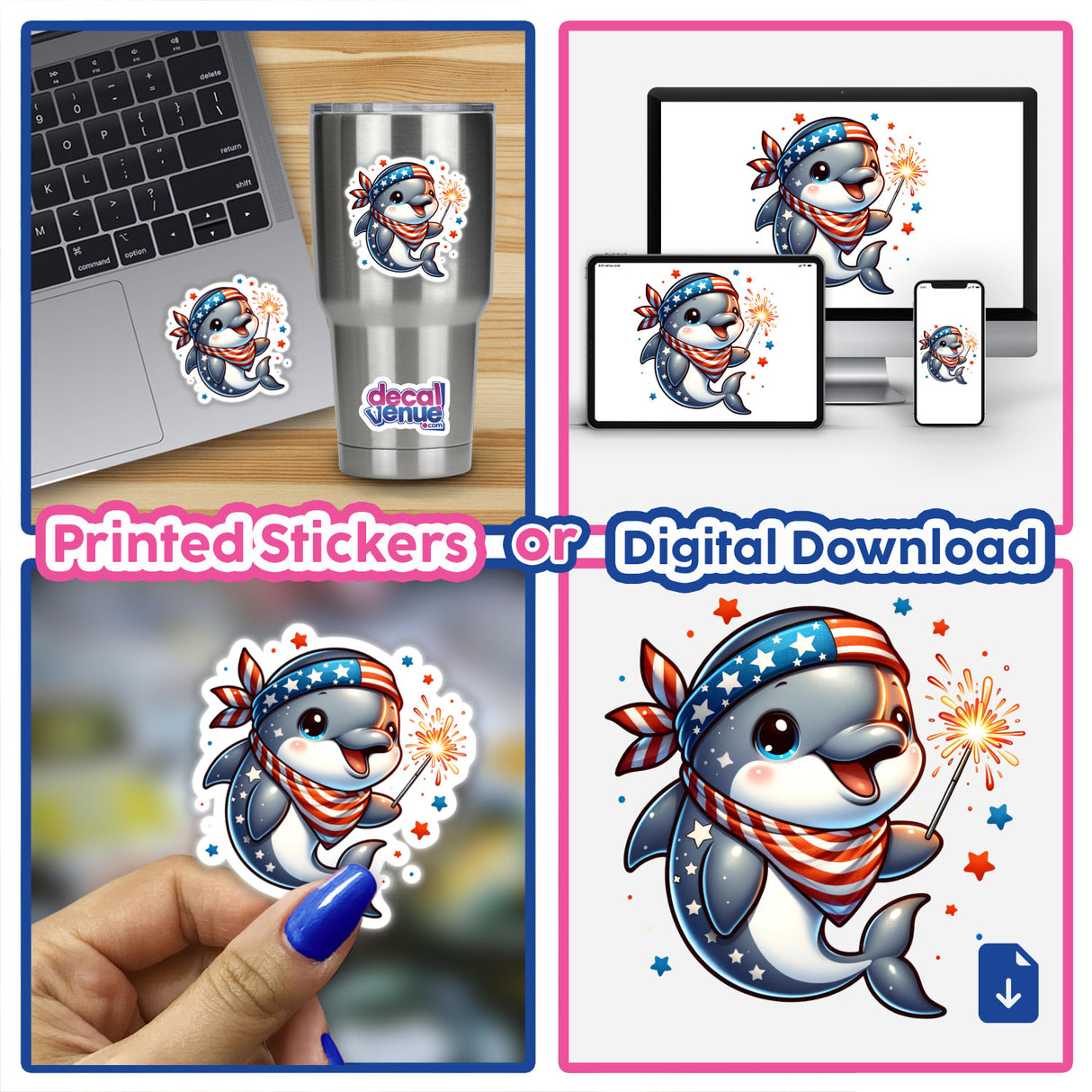 Dolphin Holding Sparkler Wearing Stars and Stripes Bandana