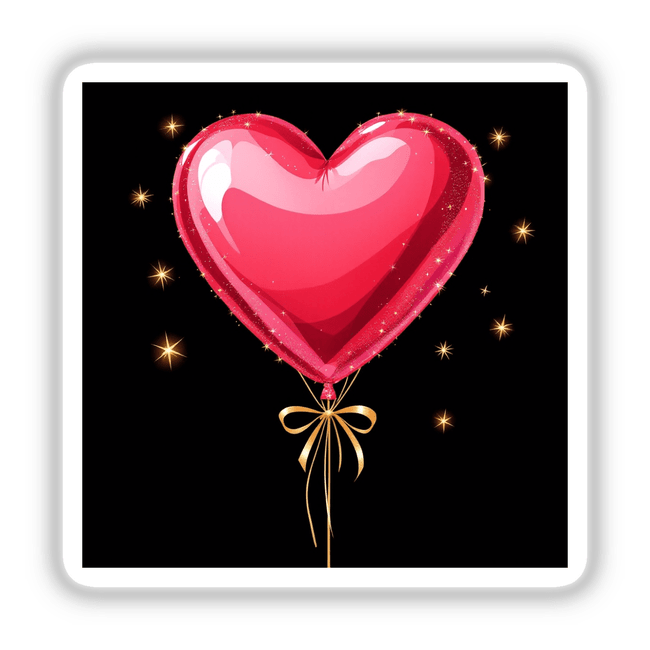 Heart-Shaped Balloon Bouquet with Gold Ribbon, featuring a pink heart-shaped balloon adorned with a gold ribbon, available as unique stickers or digital artwork from Decal Venue.