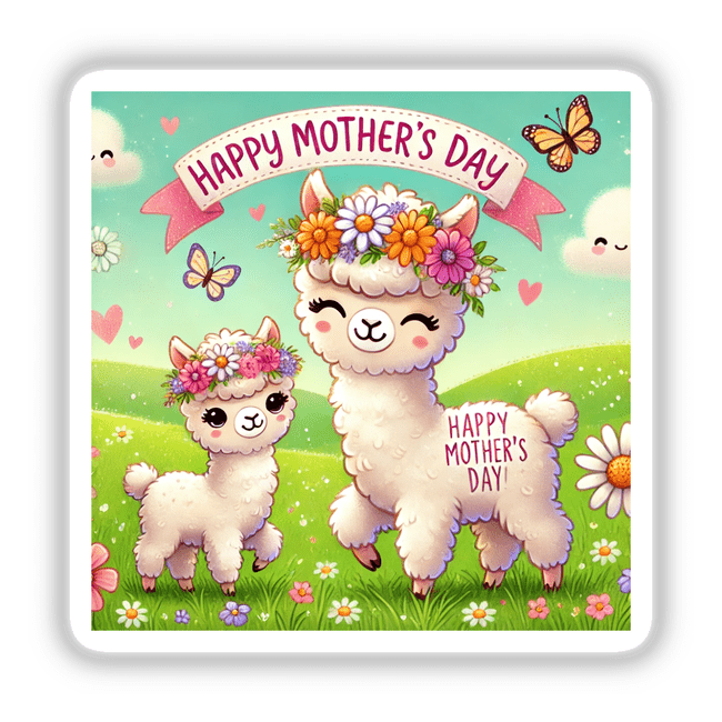 Two Cute Llamas for Mothers Day Surrounded by Flowers, available as stickers or digital artwork, showcasing two adorable llamas amidst a floral arrangement, perfect for gifting or decoration.