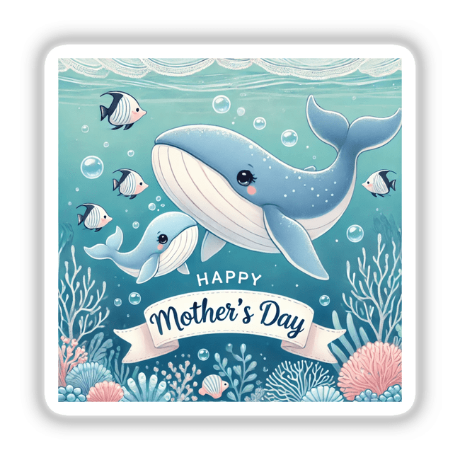 Happy Mothers Day Underwater Cartoon Whales Scene features a whimsical illustration of a cartoon whale, fish, and bubbles, available as stickers or digital artwork from Decal Venue.