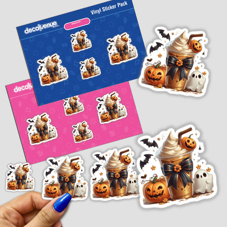 Spiced Pumpkin and Ghost Halloween Coquette Bow sticker pack featuring whimsical Halloween-themed drinks, pumpkins, and bats. Perfect for seasonal decoration or digital art enthusiasts.