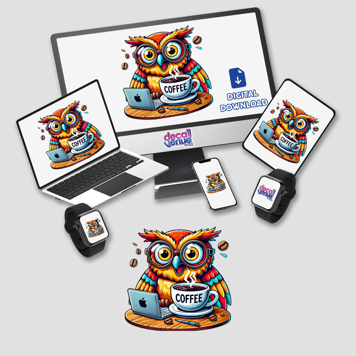 Caffeine Addicted Owl Coffee sticker or digital artwork featuring an owl on a computer monitor and laptop, surrounded by a coffee cup, tablet, smartwatch, and smartphone, all displaying owl illustrations.