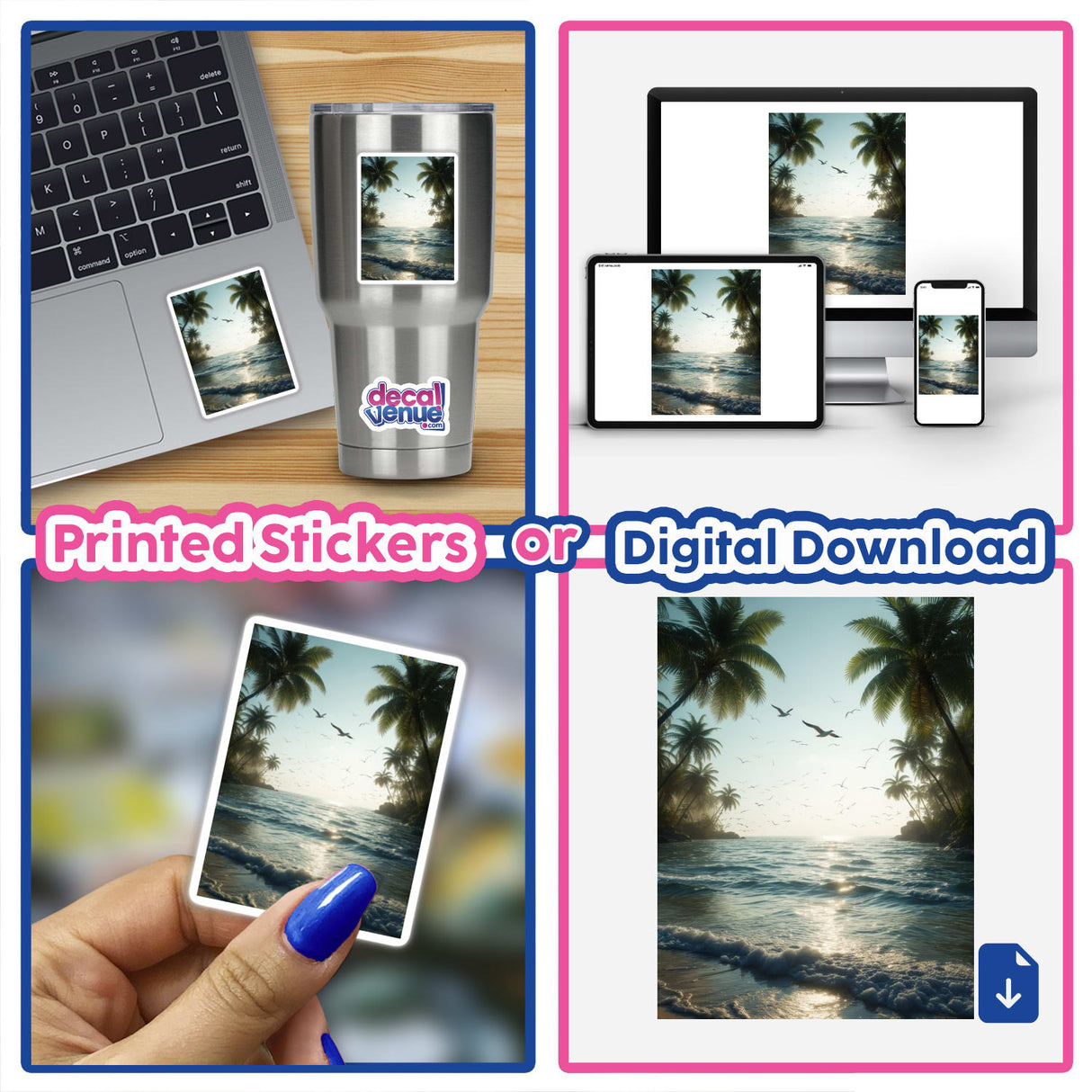 Collage featuring the digital artwork Serene Ocean Seagulls Over Tropical Shore, showcasing beach and technology themes. Available as stickers or digital art at Decal Venue.