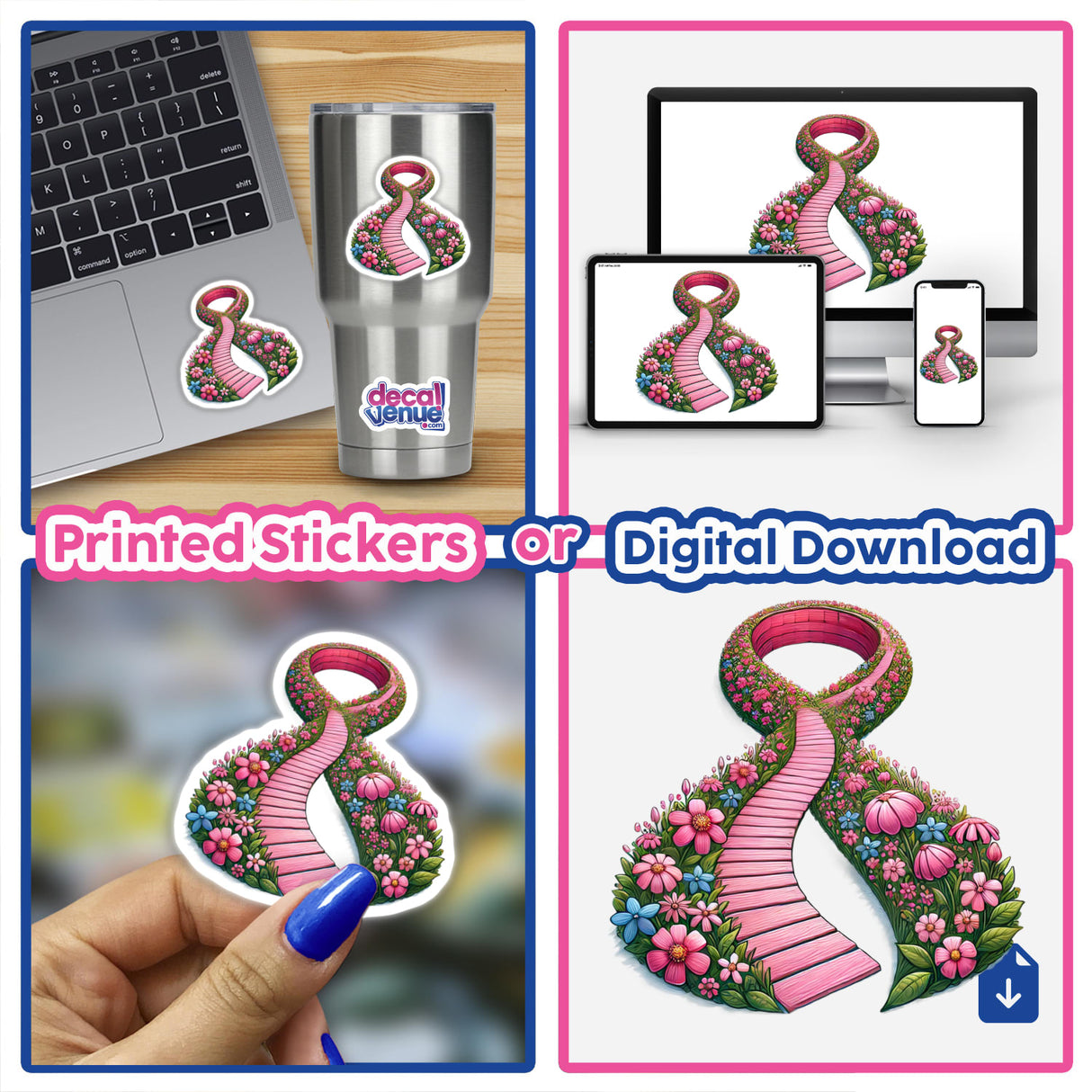 Collage showcasing Pink Ribbon Pathway digital artwork by DecalVenue, highlighting a floral pathway sticker on various surfaces like laptops, cups, and held in hand for art projects.