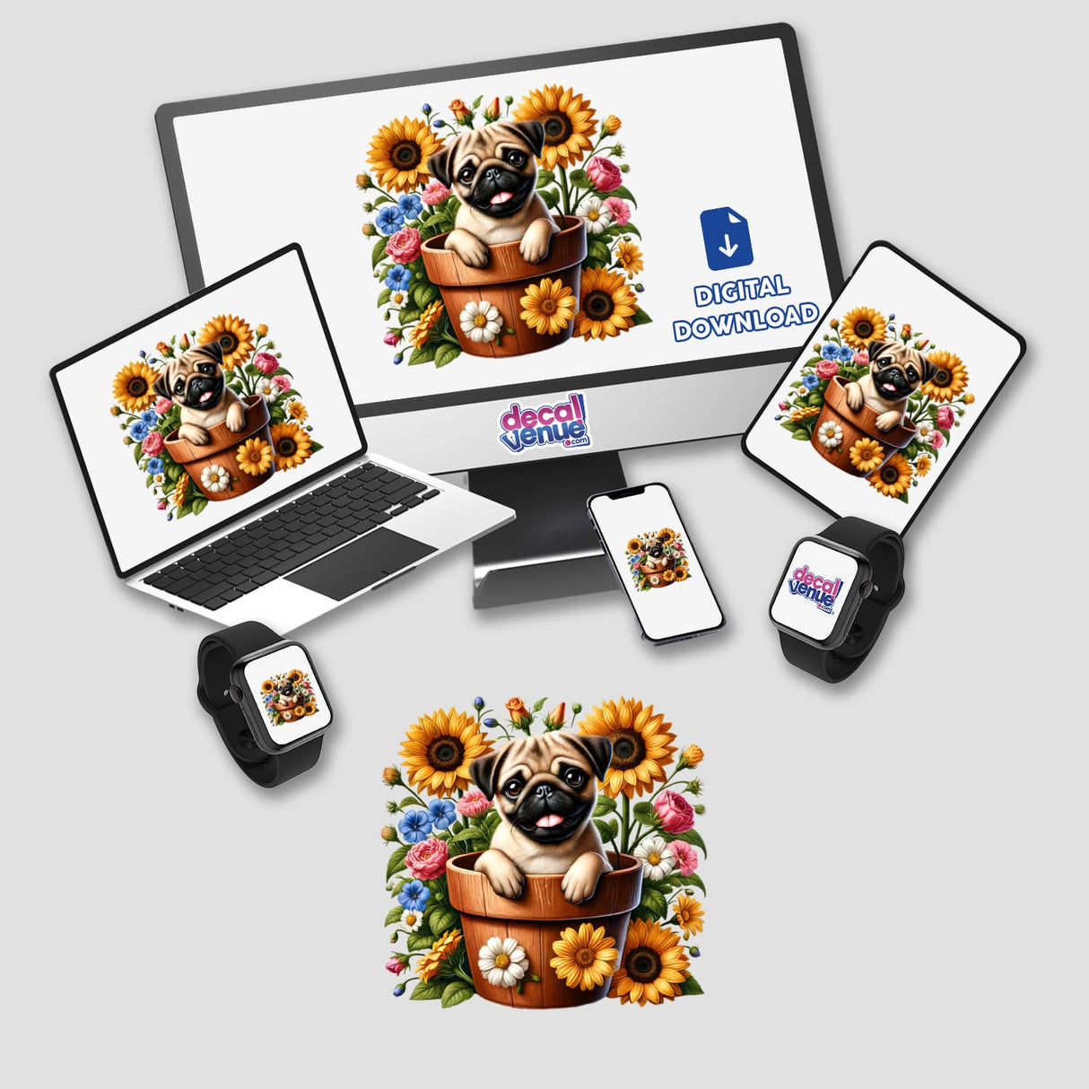 Pug Dog Peeking Out of Flower Pot