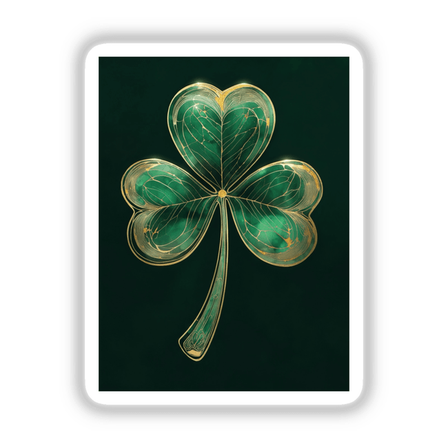 Minimalist Shamrock – Elegant Green Clover with Delicate Gold Detailing, available as stickers or digital artwork, featuring a sophisticated four-leaf clover design from Decal Venue's unique collection.