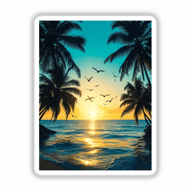 Tropical Twilight Seagulls Over Ocean Sunset: A serene scene of birds flying over a tranquil ocean at sunset, with silhouetted palm trees, available as stickers or digital artwork from Decal Venue.