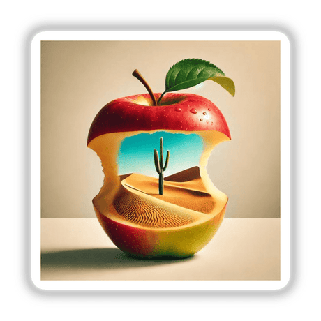 Desert Mirage Sandy Dunes Inside an Apple: An apple cut in half reveals a miniature desert landscape with a cactus, offered as unique stickers or digital artwork.