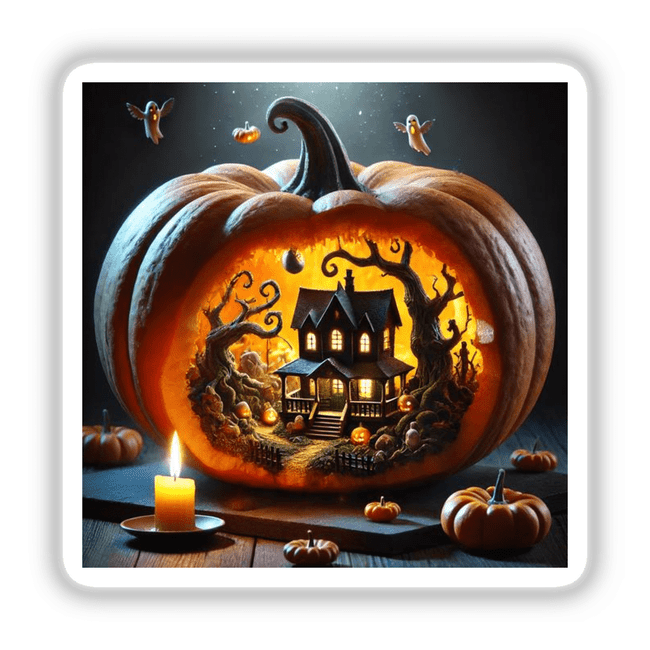 Pumpkin Realm - A Tiny Haunted World Inside a Pumpkin, depicting a pumpkin with a miniature house and trees inside, alongside a ghost with wings, and a flying bird. Available as stickers or digital artwork.