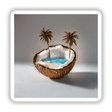 Tropical Beach Coconut art featuring palm trees and ocean waves inside a coconut, available as stickers or digital downloads for beach lovers.