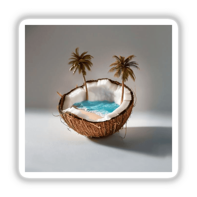 Tropical Beach Coconut art featuring palm trees and ocean waves inside a coconut, available as stickers or digital downloads for beach lovers.