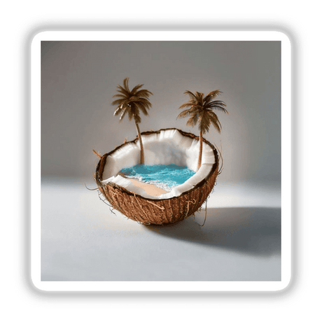 Tropical Beach Coconut art featuring palm trees and ocean waves inside a coconut, available as stickers or digital downloads for beach lovers.