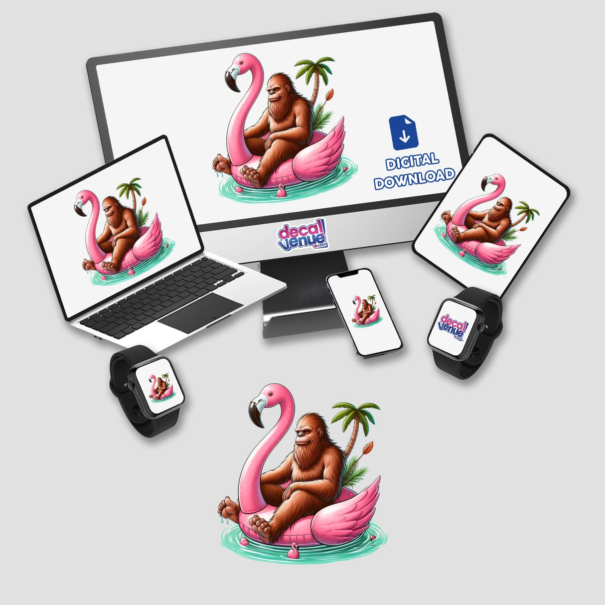Sasquatch in Flamingo Float displayed on a computer monitor and laptop, showcasing cartoon artwork available as stickers or digital art from Decal Venue.