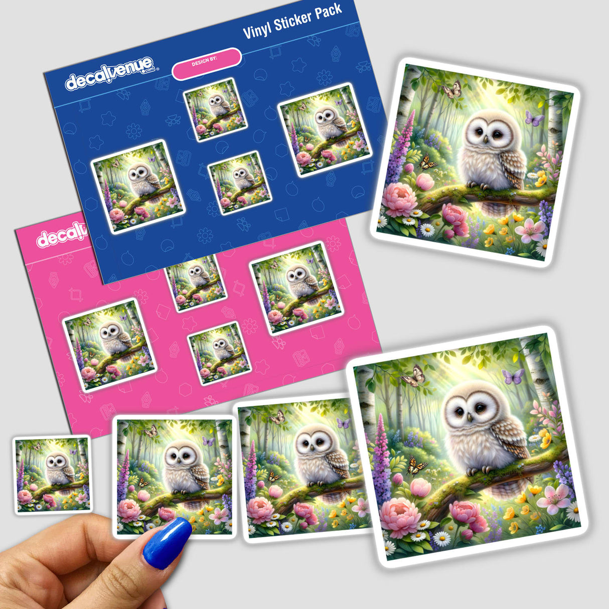 Owl in a Lush Forest Watercolor Illustration sticker, depicting a white owl perched on a branch surrounded by flowers and butterflies, perfect for unique decor or digital art enthusiasts.