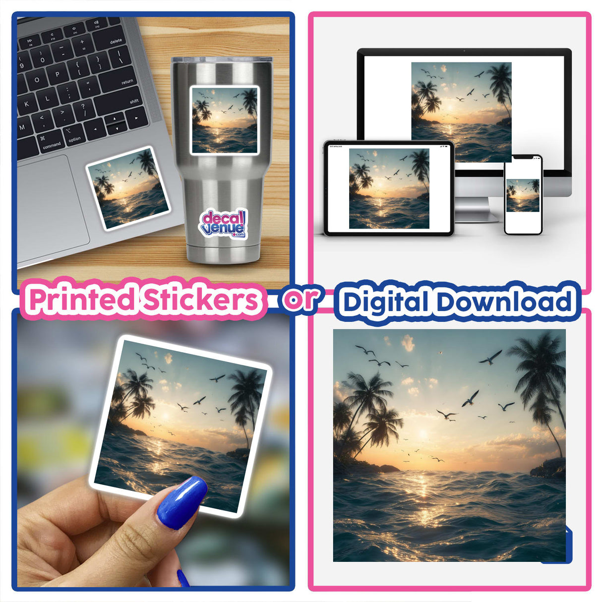 Golden Horizon Seagulls Over Ocean Waves: A collage featuring serene sunset imagery and seagulls, available as unique vinyl stickers or digital artwork, ideal for enhancing electronic devices.