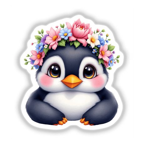 Adorable Penguin with a Spring Flower Crown: A whimsical cartoon penguin wearing a vibrant flower crown, perfect as a sticker or digital artwork for adding charm and playfulness to any space.