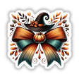 Halloween Coquette Bow Witch Hat Pumpkin featuring a whimsical bow, hat, and pumpkin adorned with leaves and flowers, available as stickers or digital artwork.