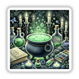 Witch's Brew - Cauldron with Bubbling Potion Watercolor features a cauldron with green bubbles, surrounded by candles and mystical items, available as stickers or digital artwork.