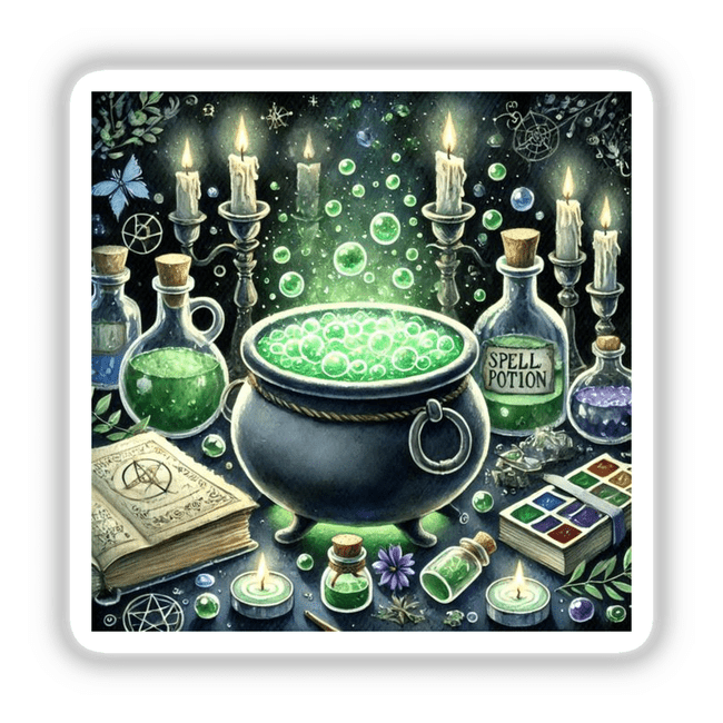 Witch's Brew - Cauldron with Bubbling Potion Watercolor features a cauldron with green bubbles, surrounded by candles and mystical items, available as stickers or digital artwork.