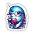 Cartoon narwhal with reading glasses engrossed in an open book, available as Narwhal With Reading Glasses Open Book stickers or digital artwork from Decal Venue.