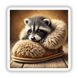Baby Raccoon in Fluffy Slipper: A cute raccoon cozily nestled in a soft, furry slipper, perfect as a sticker or digital artwork from Decal Venue.