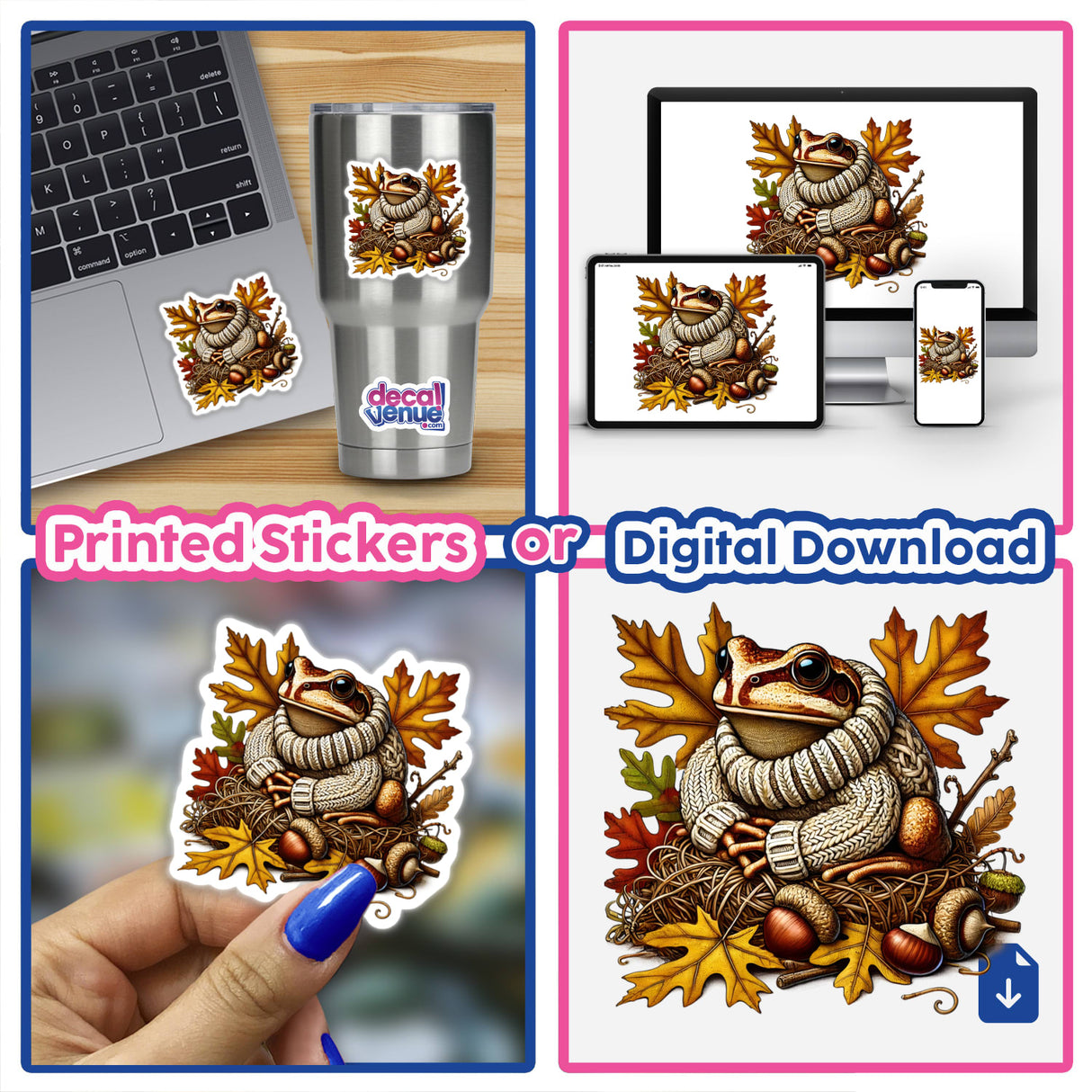 Autumn Frog in Cozy Sweater - Whimsical digital artwork featuring a frog wearing a warm sweater amidst fall leaves and acorns, displayed on various digital devices and printed on a reusable sticker.