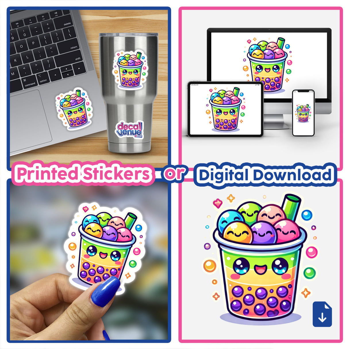 Cute Cartoon Boba Tea with Smiley Faces featured as stickers on a laptop and a cup, with multiple close-ups showcasing the adorable design in a collage format.