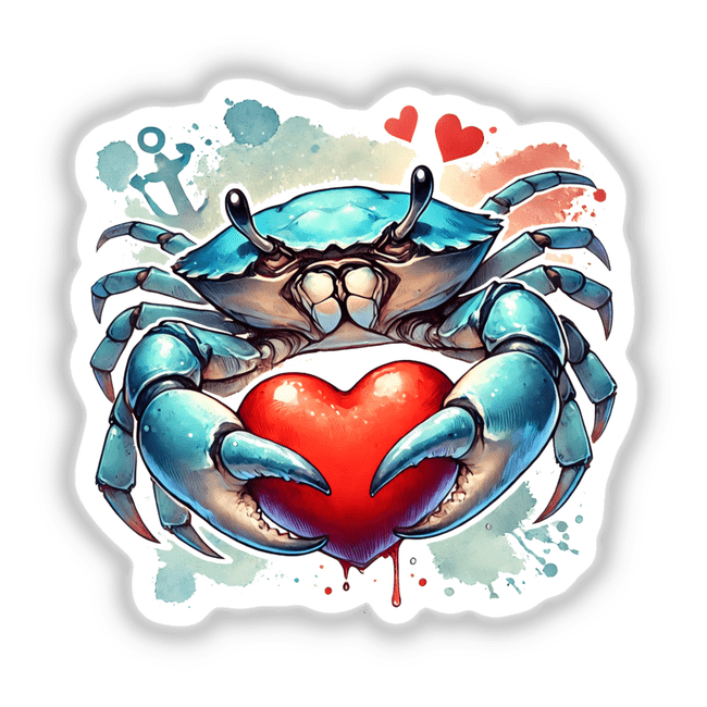 Watercolor Blue Crab Embracing Heartpng shows a whimsical illustration of a blue crab gently holding a heart. Available as stickers or digital artwork from Decal Venue.