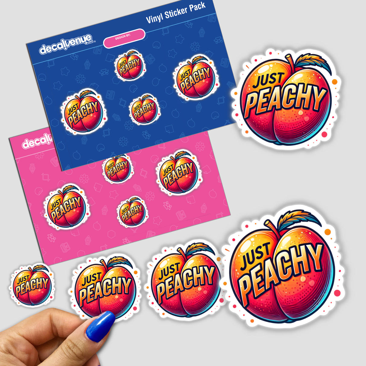Hand holding a sticker featuring a peach logo with the text Peach Just Peachy. Available as stickers or digital artwork from Decal Venue.