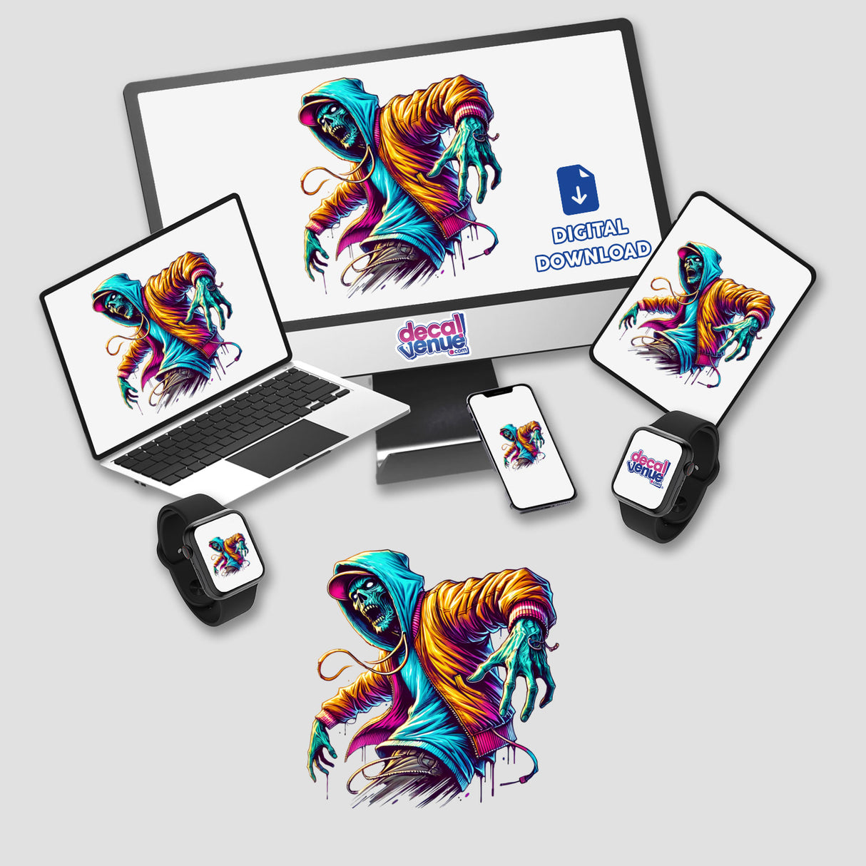 Zombie Wearing Hoodie Urban Vibes digital artwork displayed across a laptop, computer monitor, smartphone, and smartwatch, offered as stickers or digital downloads.