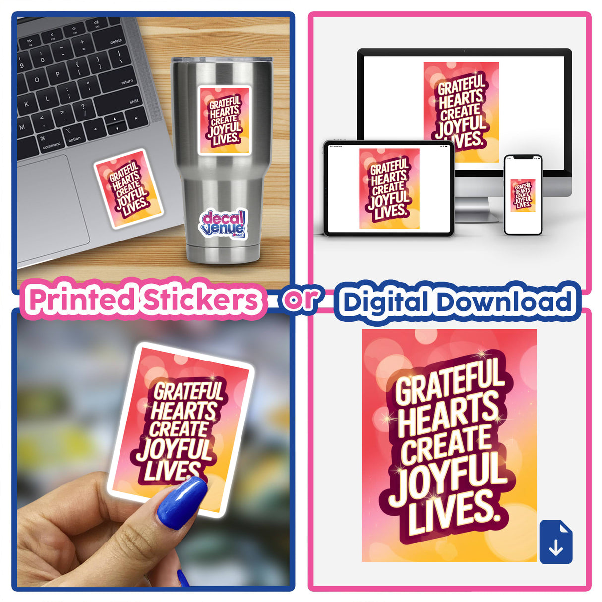 Collage featuring a laptop adorned with a Grateful hearts create joyful lives sticker, highlighting Decal Venue's unique vinyl stickers and digital art offerings.
